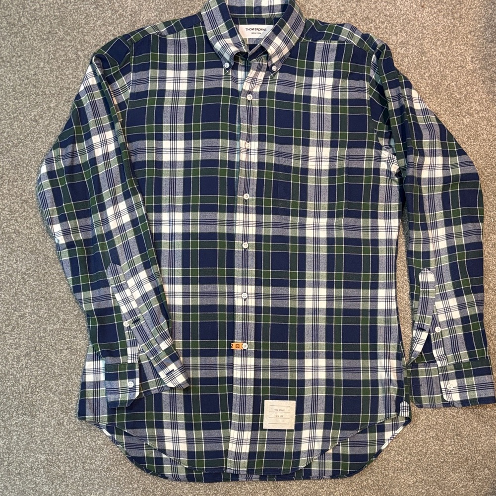 Thom Browne Blue and Green Plaid Button-Down Shirt